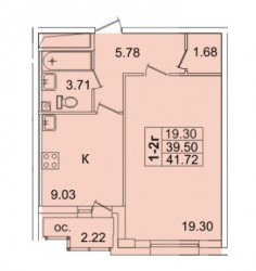 Однокомнатная квартира 41.7 м²